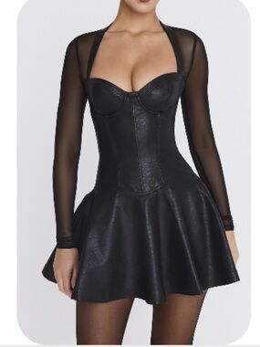 Black Faux Leather Corset Mini Dress with Sheer Long Sleeves
